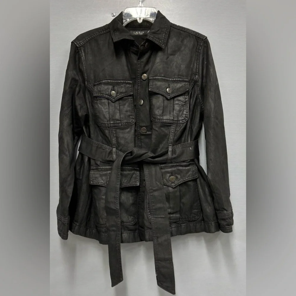 NWT Ralph Lauren Plus Size Black Onyx Belted Coated Denim Trucker Jacket Sz 14W - Picture 3 of 11